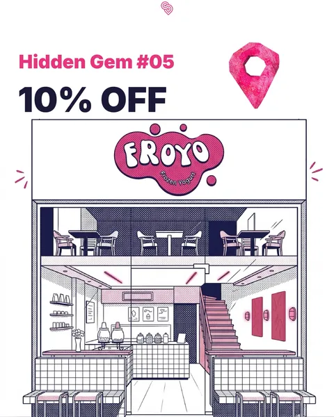 Illustrated Froyo storefront: hidden gem, 10% off