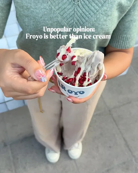 A cup of frozen yogurt with red berry topping: froyo is better than ice cream